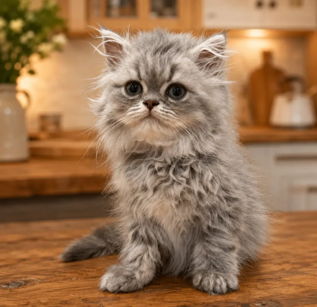 Persian kitten sitting on a couch looking cute