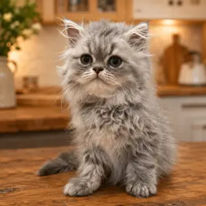 Persian kitten sitting on a couch looking cute