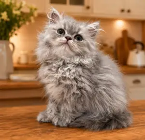 Persian kitten sitting on a couch looking up