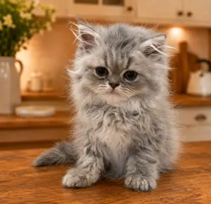 Persian kitten sitting on a couch looking down