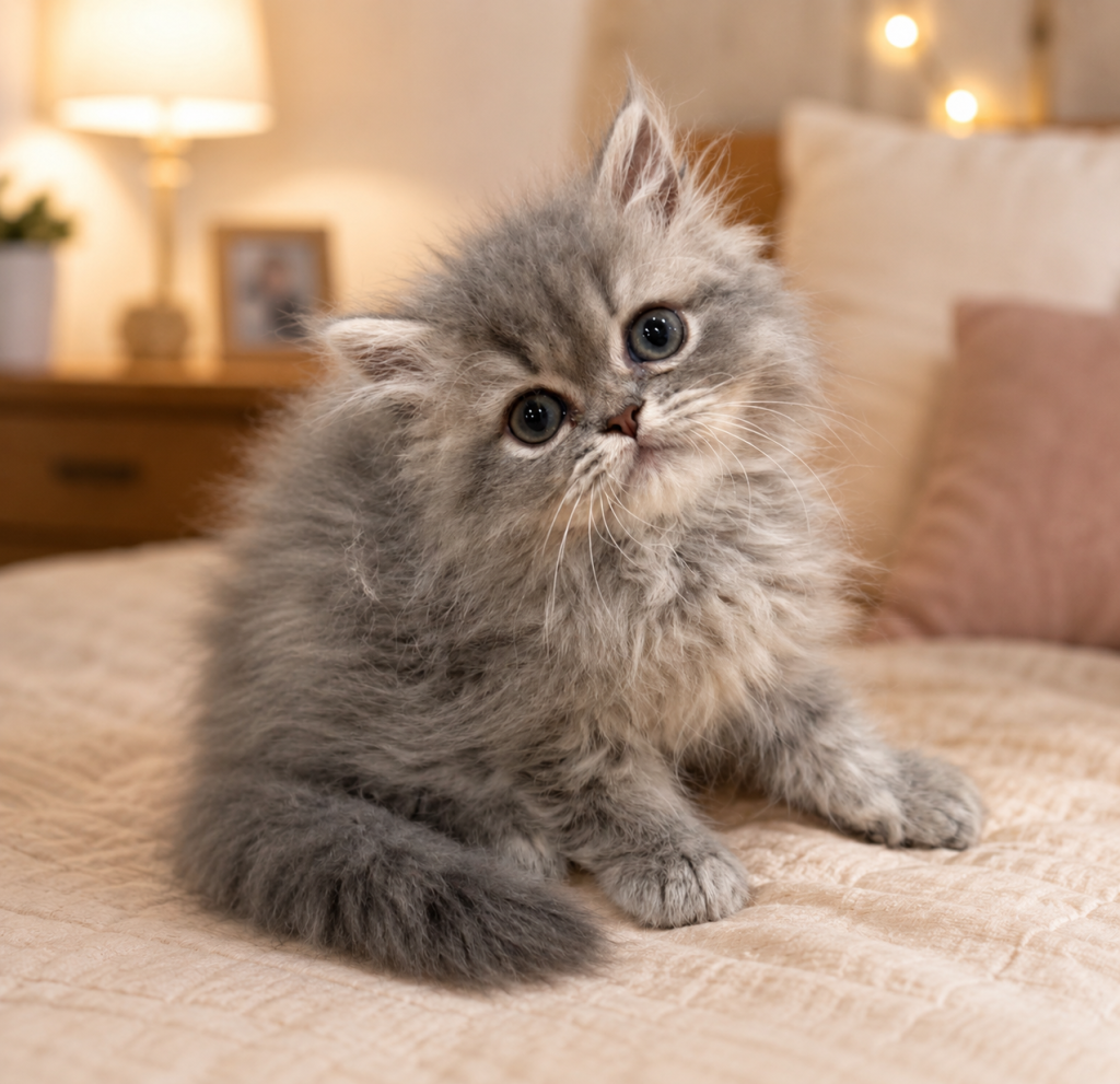 Persian Kitten sitting on the bed looking cute