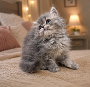 Persian Kitten sitting on the bed looking curious