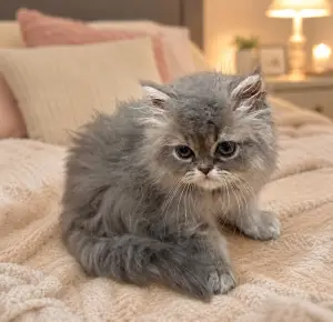 Persian Kitten sitting on the bed looking sad