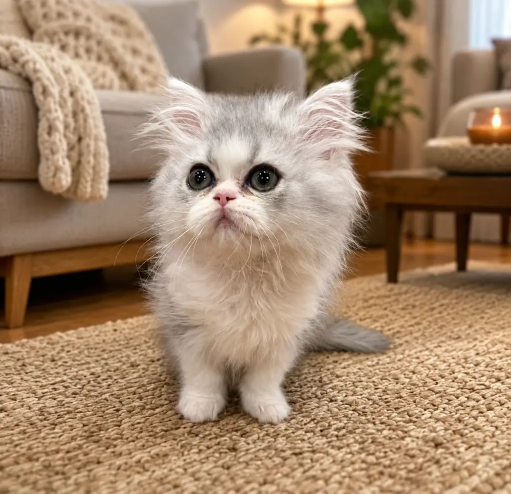 Persian kitten sitting on a living room rug looking up
