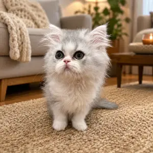 Persian kitten sitting on a living room rug looking up