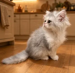 Persian kitten sitting on a kitchen floor looking left
