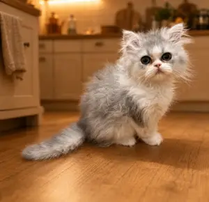 Persian kitten sitting on a kitchen floor looking cute