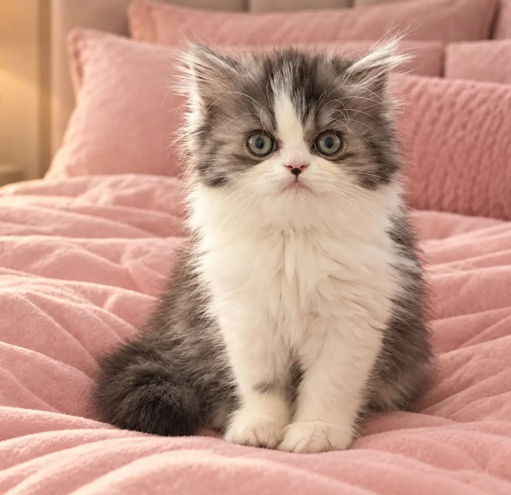 Casanova Persian kitten sitting on the bed