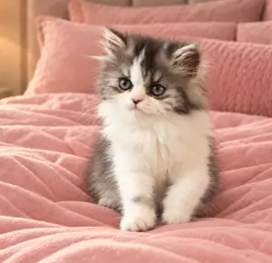 Casanova Persian kitten sitting on the bed