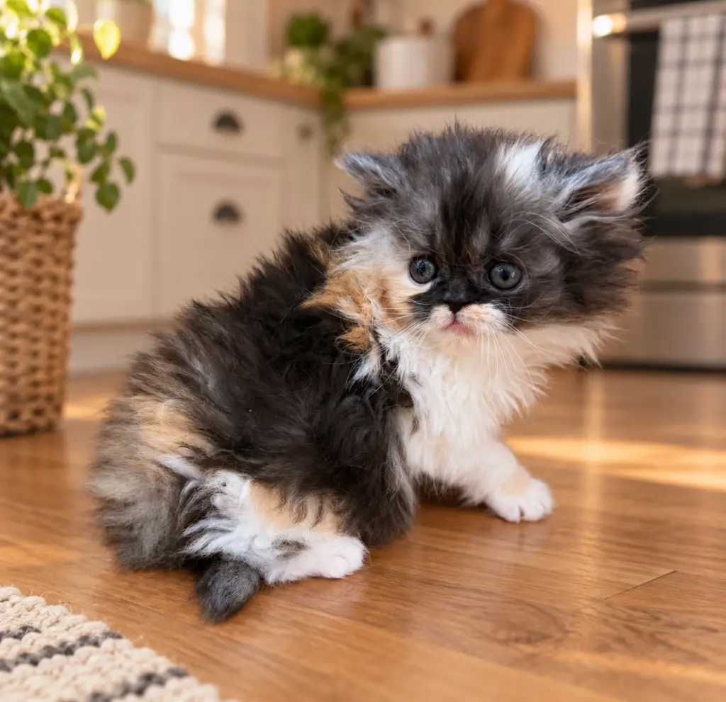 Sweet Potato Persian Kitten in kitchen