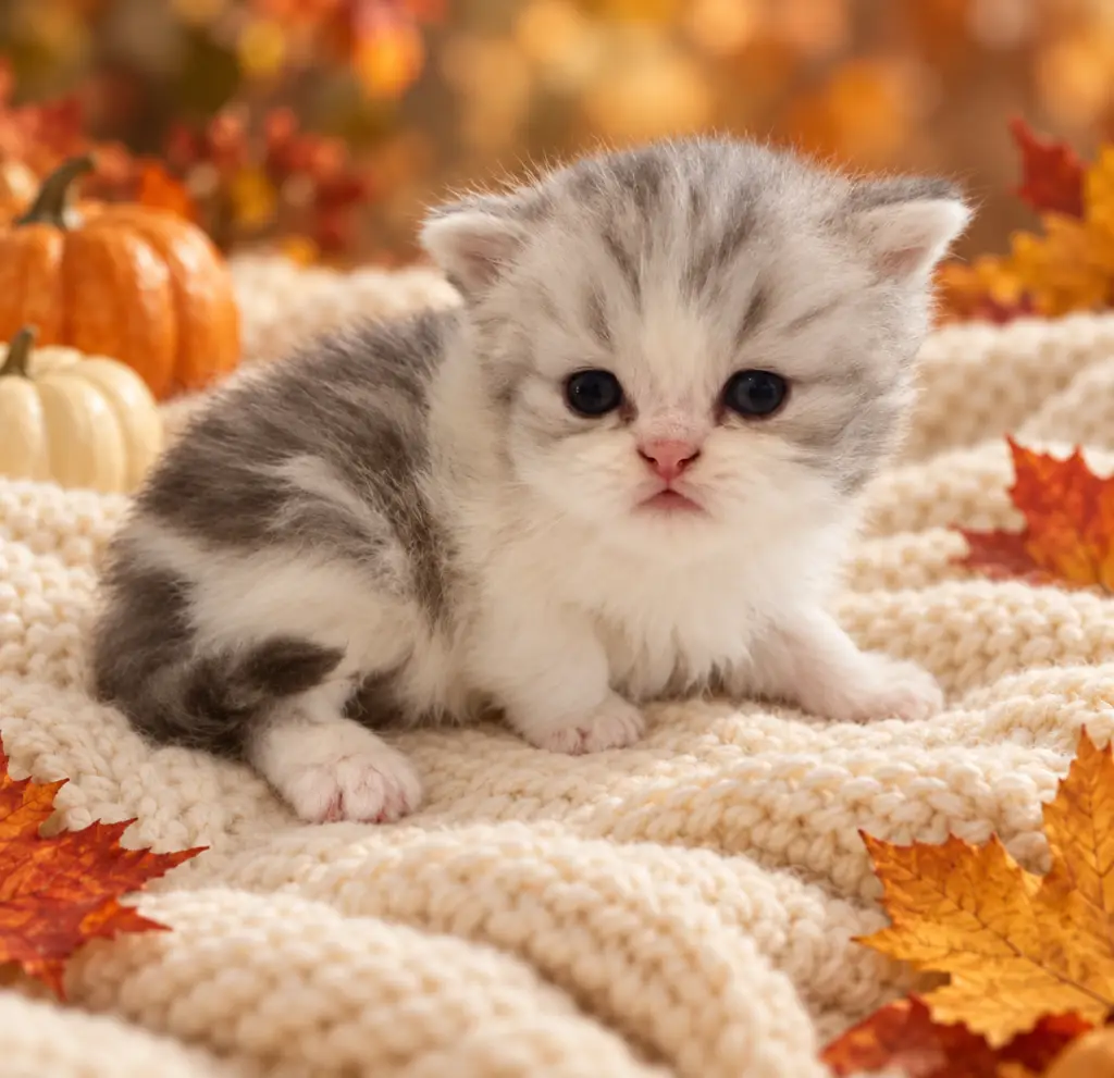 Elvis Presley, a blue and white Persian kitten, sitting and facing the camera in a fall setting