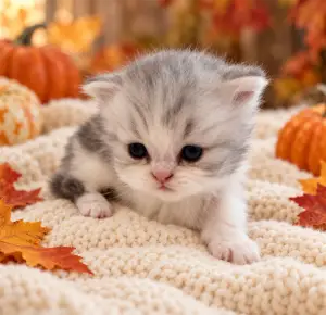 Elvis Presley, a blue and white Persian kitten, leaning forward with a front paw extended in a fall setting