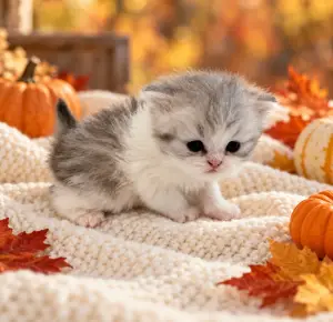 Elvis Presley, a blue and white Persian kitten, sitting with his tail raised in a fall setting