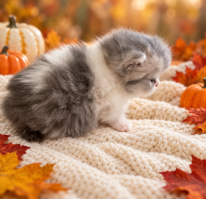 Elvis Presley, a blue and white Persian kitten, sitting in profile and looking to the right in a fall setting