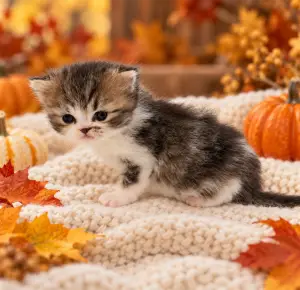 James Dean, a tabby bi-color Persian kitten, sitting and looking slightly to the left in a fall setting