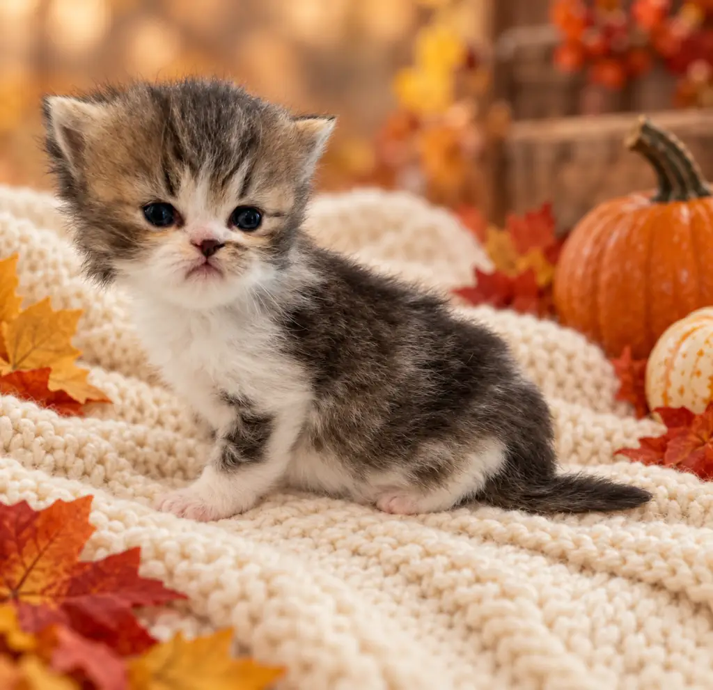 James Dean, a tabby bi-color Persian kitten, sitting and facing the camera in a fall setting