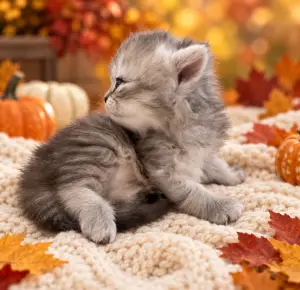 Johnny Cash, a silver Persian kitten, sitting in profile and looking to the left in a fall setting