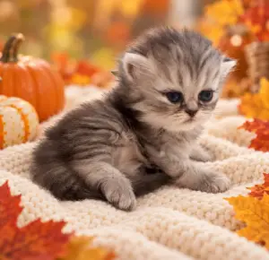 Johnny Cash, a silver Persian kitten, sitting and looking to the right in a fall setting