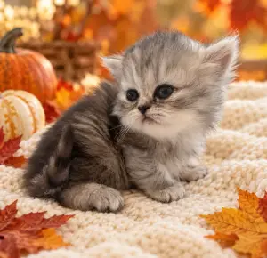 Johnny Cash, a silver Persian kitten, sitting with his head turned to the left in a fall setting