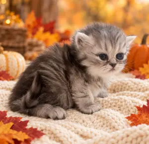 Johnny Cash, a silver Persian kitten, sitting with his tail raised in a fall setting