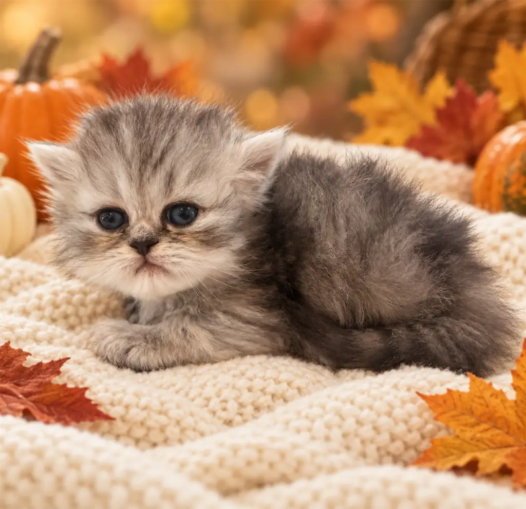 Johnny Cash, a silver Persian kitten, resting and facing the camera in a fall setting