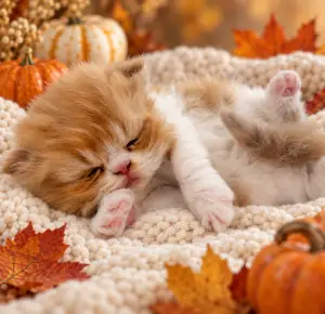 Lewis, a red and white bi-color Persian kitten, lying on his back with his paws raised in a fall setting
