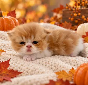 Lewis, a red and white bi-color Persian kitten, resting with his front paws tucked beneath him in a fall setting