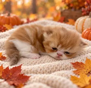 Lewis, a red and white bi-color Persian kitten, curled up with his head lowered in a fall setting