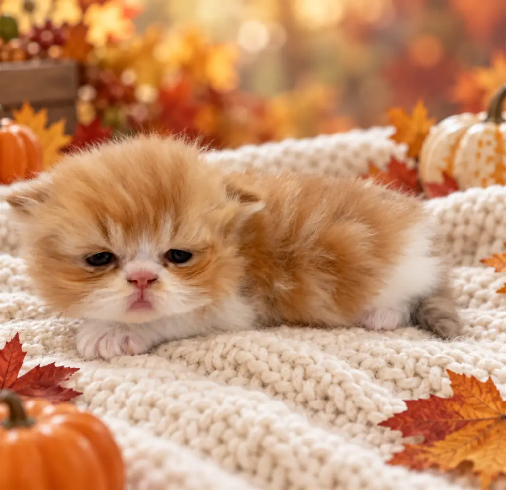 Lewis, a red and white bi-color Persian kitten, resting and looking toward the camera in a fall setting