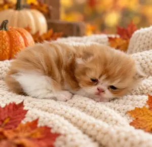 Lewis, a red and white bi-color Persian kitten, curled up on a cream blanket in a fall setting