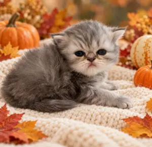 Marlon Brando, a silver Persian kitten, reclining with a front paw extended in a fall setting