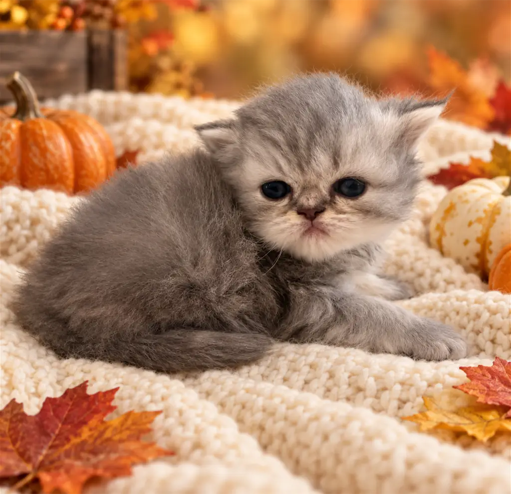 Marlon Brando, a silver Persian kitten, reclining and facing the camera in a fall setting