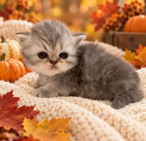 Marlon Brando, a silver Persian kitten, resting with his paws tucked beneath him in a fall setting