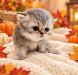 Marlon Brando, a silver Persian kitten, sitting and looking to the right in a fall setting